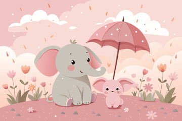 Cute Baby Elephants Under Pink Umbrella in Flower Garden