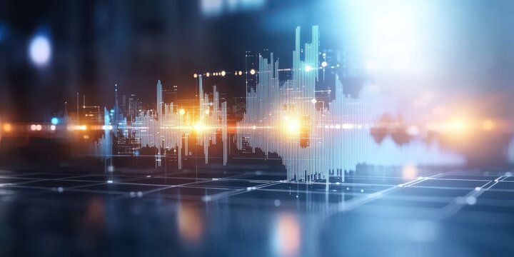 Economy balancing assets concept. Futuristic digital cityscape with glowing lines and data visualizations.