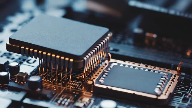 A close-up, macro shot of a computer CPU (Central Processing Unit) being installed into a socket on a motherboard