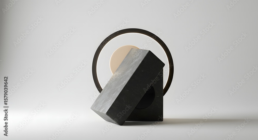 Poster abstract geometric composition featuring textured blocks and circular elements with soft lighting on