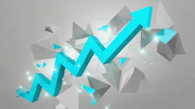 Abstract geometric graphic design with a bright turquoise upward trending arrow amidst fragmented, light gray shapes