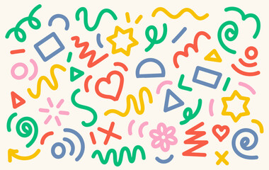 Memphis pattern background with basic shapes including triangle, heart, circle, wavy lines, zigzag, and star etc. Multicolor modern abstract background