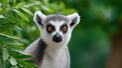 Obraz premium Close-up Portrait of a Curious Lemur amid Lush Greenery in a Natural Habitat Setting