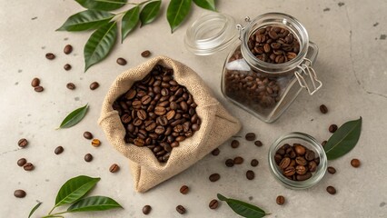 Roasted Coffee Beans Aromatic Beans in Bag and Jars Coffee Plant Leaves