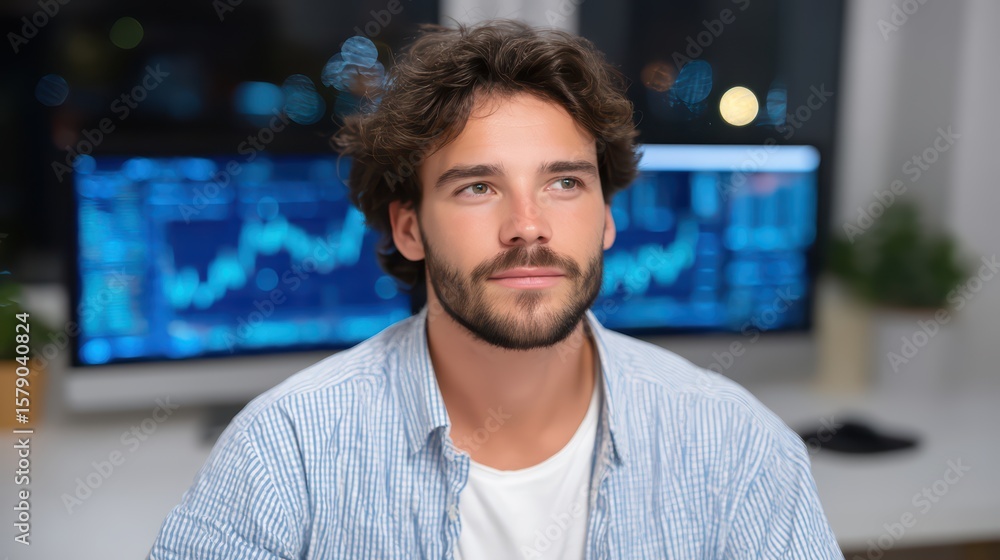 Poster young man focusing on financial data in modern office setting with digital graphs and stock market a