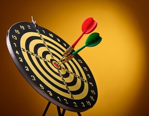 darts striking the target on a yellow background concept of accuracy and success