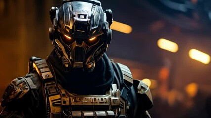 Futuristic armored warrior with glowing eyes, mechanical suit, and industrial background, cyberpunk dystopian setting, science fiction concept - Powered by Adobe