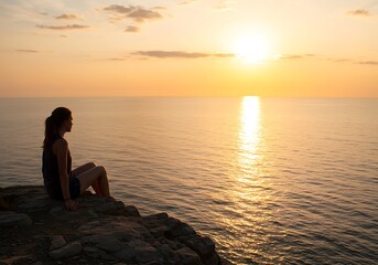 Woman Contemplating Sunset Over the Water. Generative Ai