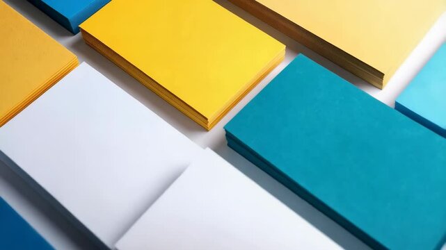 Overhead shot of neatly stacked colorful paper sheets in blue, white, orange, yellow, and teal for graphic design projects and stationary needs.