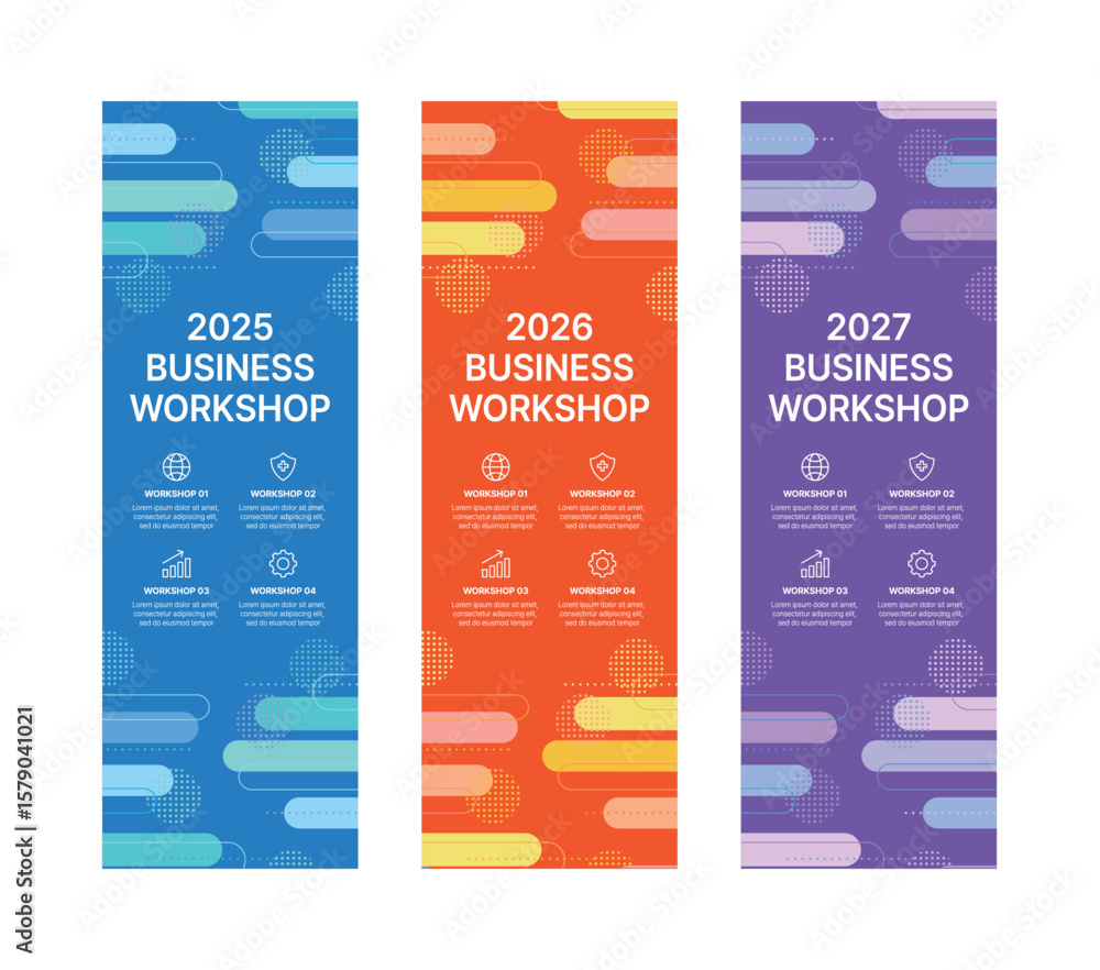Poster modern business workshop roll-up banners with arrow graphics symbolizing growth and progress. perfec