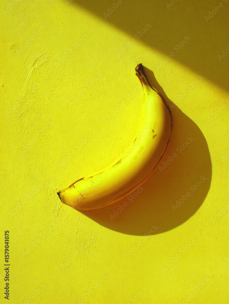 Poster conceptual low saturation banana casting a shadow, creating an artistic layout on a vibrant yellow s