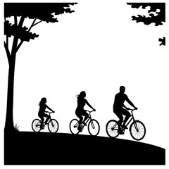Obraz premium Family Cycling Silhouette: A family enjoying a bike ride, silhouetted against a backdrop of natural trees, illustrating unity. Capturing a serene image of family time spent in the outdoors.