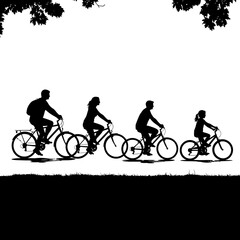 Obraz premium Joyful Cycling Silhouette: Capture the carefree spirit of a family bike ride with this vibrant silhouette, illustrating the simple joy of togetherness in a scenic setting. 