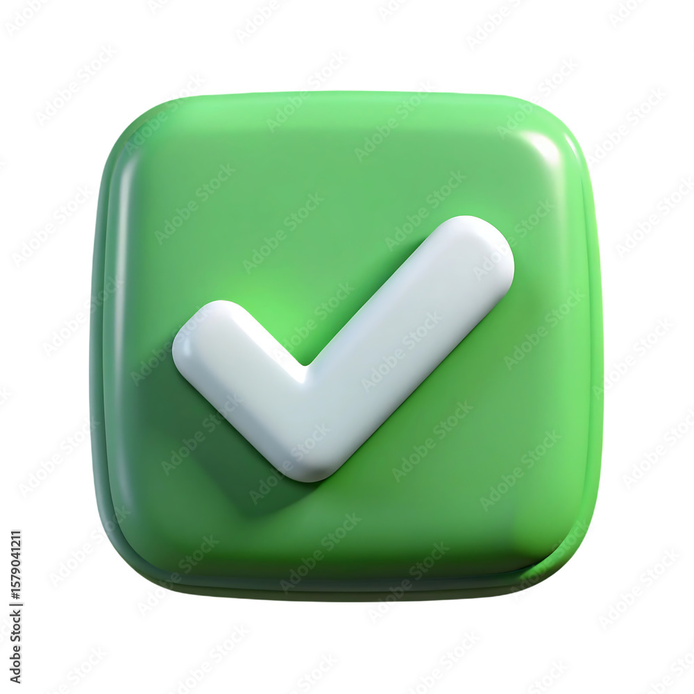 Poster 3d rendered green square button with a white checkmark isolated on transparent background
