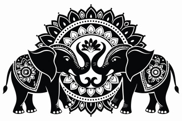 Two Ornate Black Elephants with Mandala Design