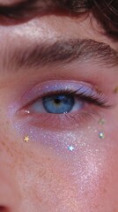 Fototapeta premium Close-Up of Eye with Celestial Makeup and Star Decals Under Cool Luminous Light