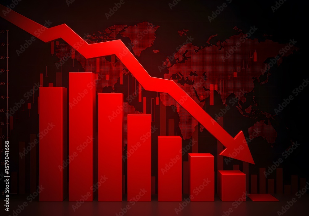 Poster red downward trend arrow over a bar chart against a dark background with world map overlay