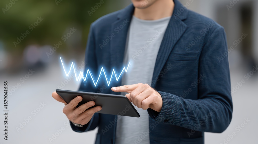 Poster business person using tablet with digital graphics for analytics and data visualization in modern ur