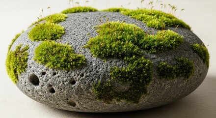 Grey stone adorned with vibrant green moss patches, creating a miniature landscape.