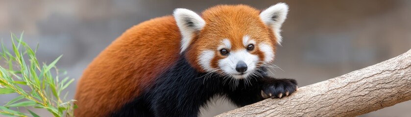 Obraz premium Friendly Red Panda Climbing on Branch in Natural Habitat with Lush Greenery and Soft Focus Background