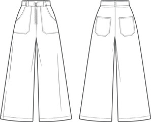 High waisted wide leg jeans technical flat sketch, front and back view, fashion illustration, denim pants design, vector template