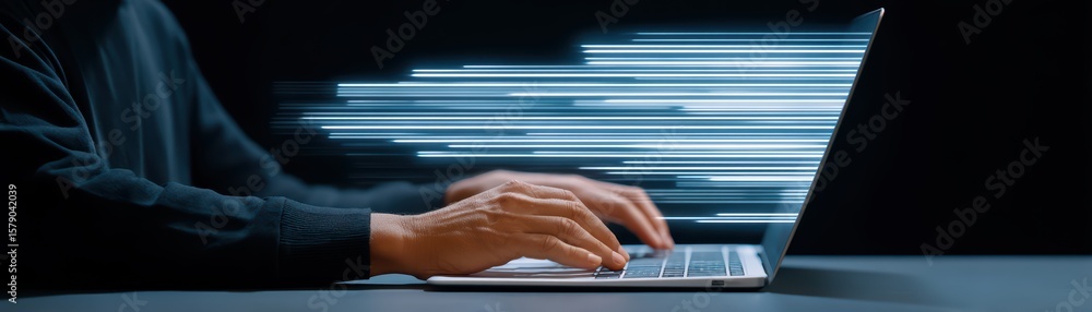 Poster fast-paced digital communication concept with hands typing on laptop illuminated by dynamic light st