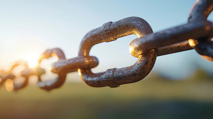 Fototapeta premium Close up view of metallic chain link, showcasing its texture and shine against blurred background. image conveys strength and connection