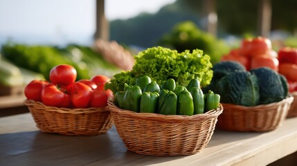 Fresh Organic Vegetables in Baskets at Outdoor Market Surrounded by Lush Greenery and Natural Light