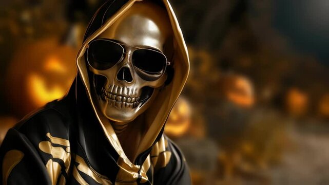 Spooky skeleton wearing cool sunglasses and hoodie posing for the camera