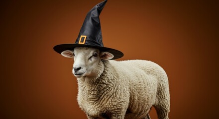 Fototapeta premium Sheep in Witch's Hat Halloween Costume - A cute sheep playfully wears a witch's hat, symbolizing Halloween, farm animals, costumes, autumn, and whimsy
