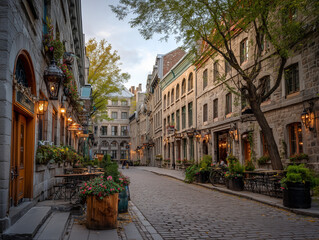 Old town Montreal with cobblestone streets