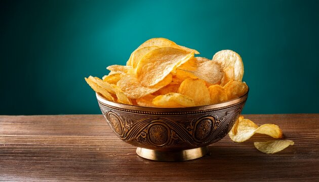 crispy potato chips in ornate bowl on wooden table against teal background