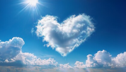 a heart shaped cloud in a clear blue sky with soft sunlight shining through