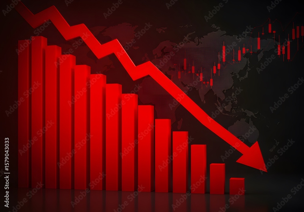 Poster red bar graph showing a downward trend with a red arrow pointing down on a dark background map desig