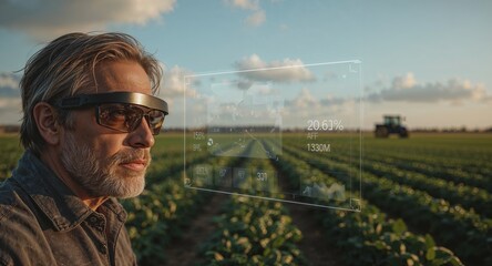 Man wearing augmented reality glasses in a field with tractor and data overlayed on the screen