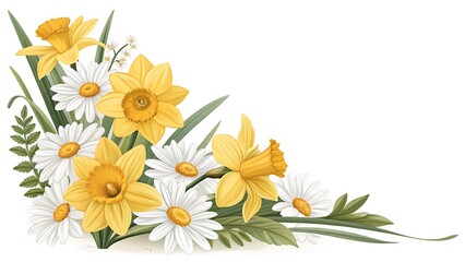Vibrant Spring Daffodils and Daisies Corner Floral Arrangement Botanical Nature Photography Yellow and White Flowers