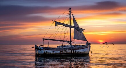 Vintage sailboat adrift on tranquil seas during a spectacular sunset. The silhouette of the vessel and flying birds against a colorful, dramatic sky evokes peace and solitude.