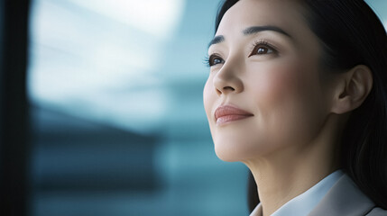 Naklejka premium Asian woman looks up thoughtfully against a modern background