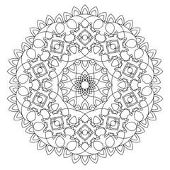 Asian floral mandala for adults coloring book. Vector ethnic circular ornament. Black and white linear illustration