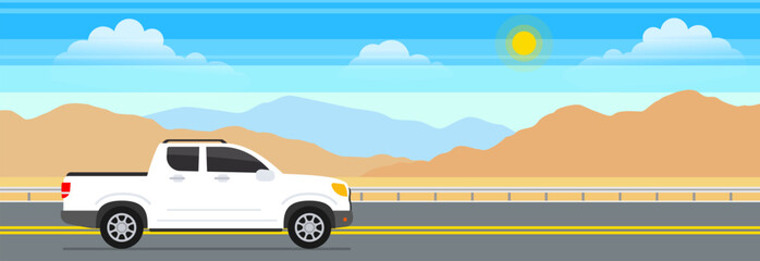 pickup truck  on the desert road highway landscape background vector illustration