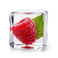 Raspberry frozen in ice cube captures the essence of summer freshness in a unique and artistic way