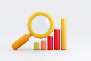Magnifying glass over colorful bar graph on a white surface illustration