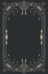 Celestial magical background for astrology, tarot. Black postcard with a frame in a bohemian design, moth, stars, copy space. Magic vector illustration