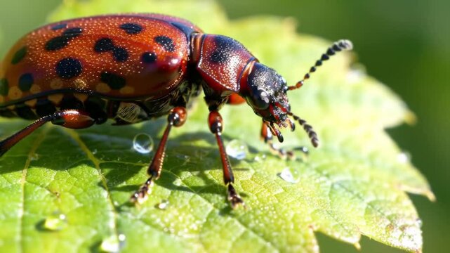 Macro close-up of checkered beetle Trichodes apiarius with red and black markings on grapevine leaf, vibrant insect detail in natural environment during sunny