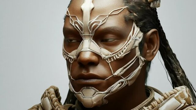 A dignified individual with dark skin wears an ornate, sculpted face piece in a captivating portrait.