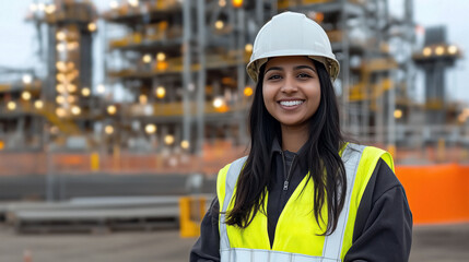 Smiling Indian engineer poses in front of refinery with safety gear on