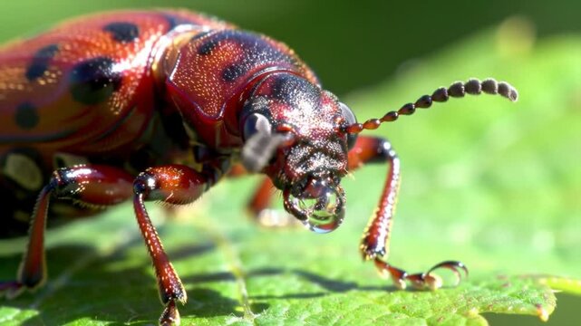 A detailed macro shot of the checkered beetle, known as Trichodes apiarius, featuring its bright red and black markings on a grapevine leaf, highlighting the vibrant characteristics