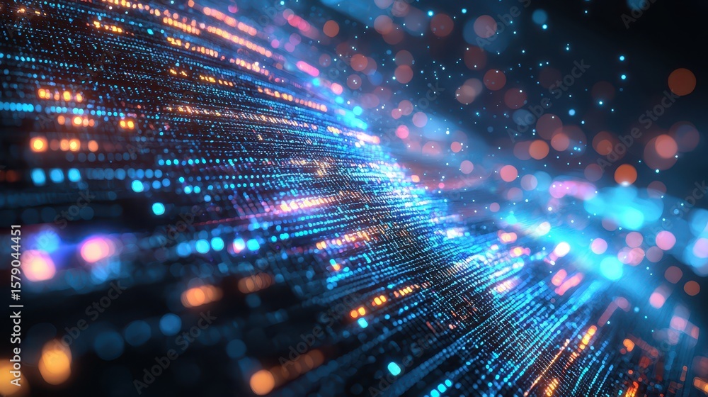 Poster economy balancing assets concept. abstract digital background with colorful light trails and bokeh e