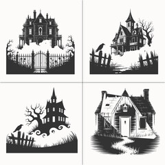 Collection of Spooky Haunted Houses with Creepy Trees and Wrought Iron Fences, Vintage Gothic Style Illustrations of Eerie Mansions, Halloween Scary Houses with Ghostly Atmosphere, Dark and Mysterious