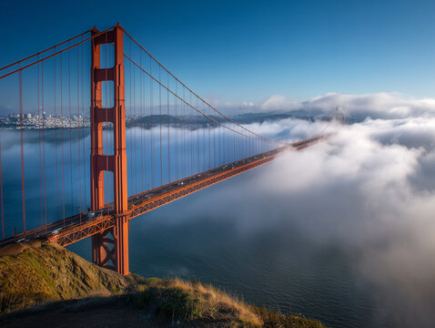 Golden Gate Bridge, San Francisco with morning fog - Powered by Adobe